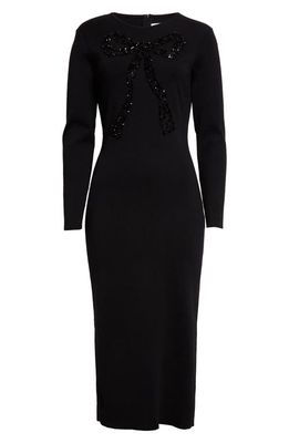 Carolina Herrera Beaded Bow Long Sleeve Wool Blend Sweater Dress in Black