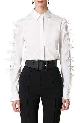 Carolina Herrera Bow Detail Stretch Cotton Button-Up Shirt in White