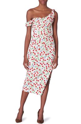 Carolina Herrera Cherry Print Off the Shoulder Stretch Cotton Dress in Ecru Multi