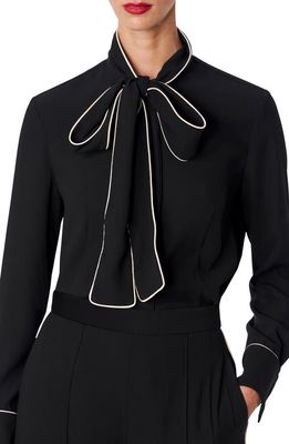 Carolina Herrera Contrast Piping Pussy Bow Button-Up Shirt in Black/Pearl