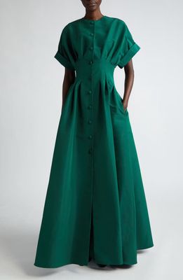 Carolina Herrera Cuffed Short Sleeve Button Front Silk Faille Gown in Spruce Green
