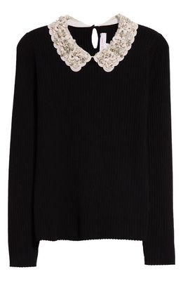 Carolina Herrera Embellished Collar Rib Wool Sweater in Black