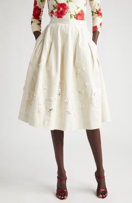 Carolina Herrera Embroidered Cotton Stretch Gabardine Midi Skirt in Ecru