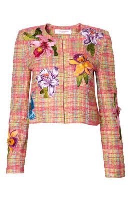 Carolina Herrera Embroidered Floral Check Jacket in Ivory Multi-Color
