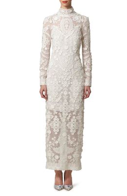 Carolina Herrera Floral Appliqué Long Sleeve Cotton Gown in White
