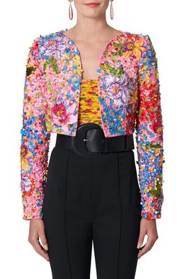 Carolina Herrera Floral Beaded Crop Jacket in Ivory Multi-Color