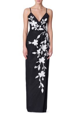 Carolina Herrera Floral Embellished Faux Wrap Silk Gown in Black-White