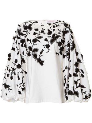 Carolina Herrera floral-embroidered puff-sleeve cotton blouse - White