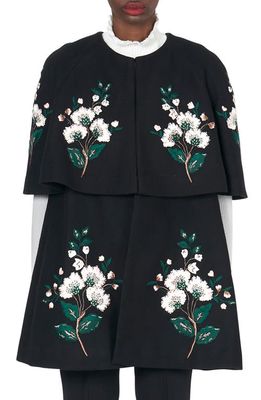 Carolina Herrera Floral Embroidered Tiered Wool & Cashmere Cape in Black Multi