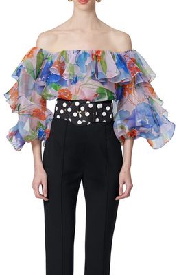 Carolina Herrera Floral Off the Shoulder Silk Top in Blush Multi