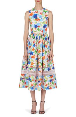 Carolina Herrera Floral Organza Inset Cotton A-Line Dress in Blush Multi