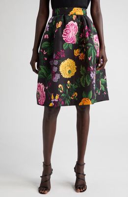 Carolina Herrera Floral Print A-Line Satin Skirt in Black Multi