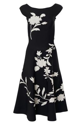 Carolina Herrera Floral Print Cap Sleeve Knit Midi Dress in Black Multi