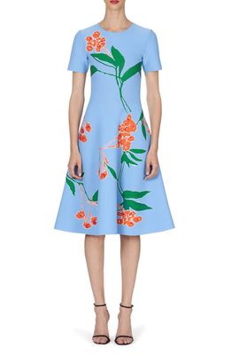 Carolina Herrera Floral Print Jacquard Knit Fit & Flare Dress in Lake Blue Multi