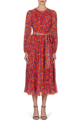 Carolina Herrera Floral Print Long Sleeve Chiffon Dress in Lacquer Red