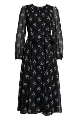 Carolina Herrera Floral Print Long Sleeve Chiffon Midi Dress in Black Multi