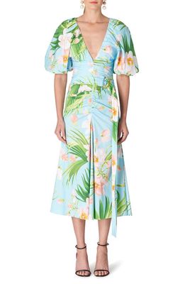 Carolina Herrera Floral Print Ruched Cotton Stretch Poplin Dress in Aquamarine Mult