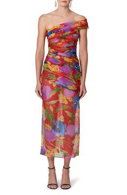 Carolina Herrera Floral Print Ruched One Shoulder Silk Dress in Lacquer Red Mul