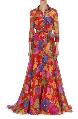 Carolina Herrera Floral Print Silk Chiffon Trench Gown in Lacquer Red Multi