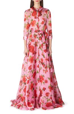 Carolina Herrera Floral Print Silk Organza Trench Gown in Deco Pink Multi