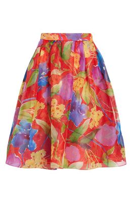 Carolina Herrera Floral Print Silk Skirt in Lacquer Red Multi