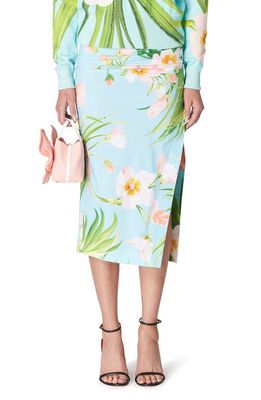 Carolina Herrera Floral Ruched Waist Stretch Cotton Skirt in Aquamarine Mult