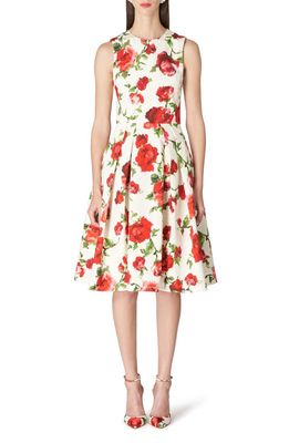 Carolina Herrera Floral Sleeveless Pleated Stretch Cotton A-Line Midi Dress in Pearl Multi