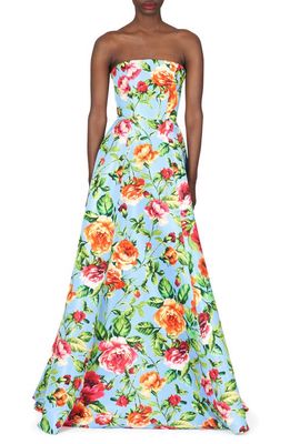 Carolina Herrera Floral Strapless A-Line Gown in Lake Blue Multi