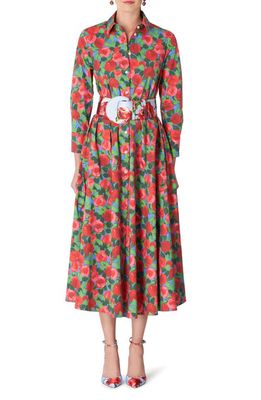 Carolina Herrera Floral Tie Removable Belt Stretch Cotton Shirtdress in Red Multi Color