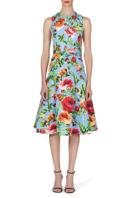 Carolina Herrera Floral Twist Waist Sleeveless Dress in Lake Blue Multi