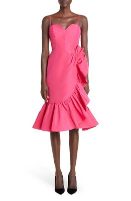 Carolina Herrera Gathered Ruffle Detail Silk Midi Dress in Geranium