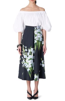 Carolina Herrera Gladiolus Print A-Line Midi Skirt in Black-Multi