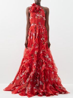 Carolina Herrera - Halterneck Floral-print Silk-faille Gown - Womens - Red Multi