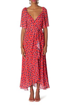 Carolina Herrera Heart Print Flutter Sleeve Chiffon Wrap Dress in Poppy Multi