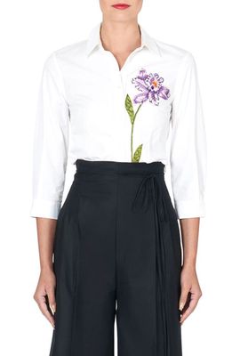 Carolina Herrera Icon Embroidered Flower Cotton Button-Up Shirt in White Multi