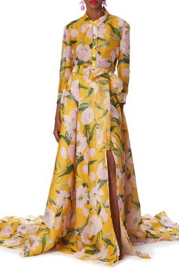 Carolina Herrera Peony Print Long Sleeve Silk Organza Trench Gown in Taxi Cab Multi