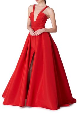 Carolina Herrera Plunge Neck Gown with Removable Overskirt in Poppy