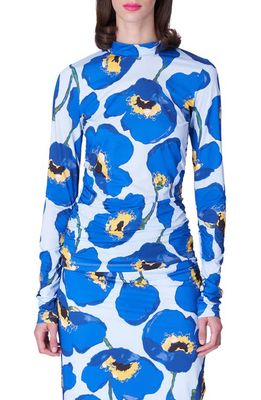 Carolina Herrera Poppy Print Mock Neck Top in Lupine Blue Mul
