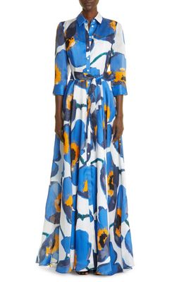 Carolina Herrera Print Silk Trench Gown in Lupine Blue Mul