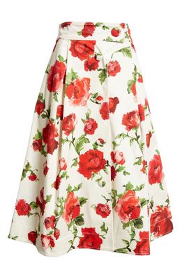 Carolina Herrera Rose Print Button Front Cotton A-Line Skirt in Pearl Multi