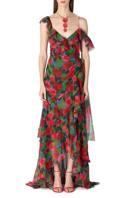 Carolina Herrera Rose Print Ruffle One Shoulder Silk Gown in Red Multi Color
