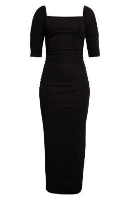 Carolina Herrera Ruched Square Neck Knit Body-Con Midi Dress in Black
