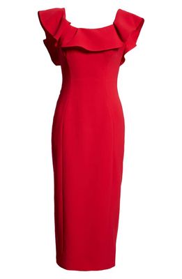 Carolina Herrera Ruffle Neck Sleeveless Crepe Pencil Dress in Crimson
