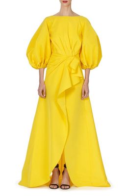 Carolina Herrera Shirred Puff Sleeve Silk Sarong Gown in Taxi Cab