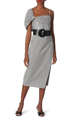 Carolina Herrera Stripe One-Sleeve Side Slit Midi Dress in White/Black