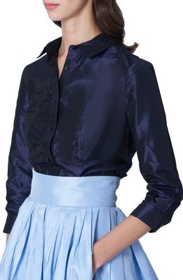 Carolina Herrera Three Quarter Sleeve Silk Button-Up Shirt in Midnight
