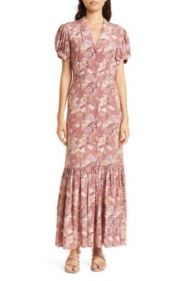 CAROLINE CONSTAS Nancy Floral Print Silk Button Front Dress in Mauve Summer Floral
