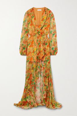 CAROLINE CONSTAS - Vivian Asymmetric Wrap-effect Ruffled Floral-print Silk-chiffon Maxi Dress - Yellow