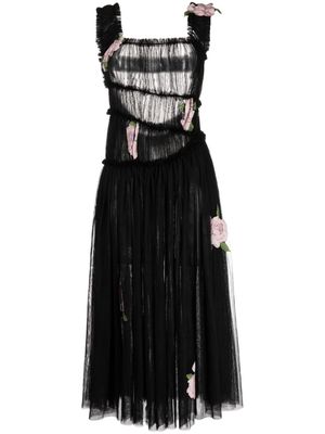 CAROLINE HU floral-appliqué tulle midi dress - Black