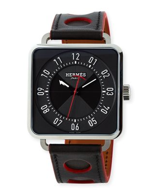 Carre H Watch in Stainless Steel and Black Leather